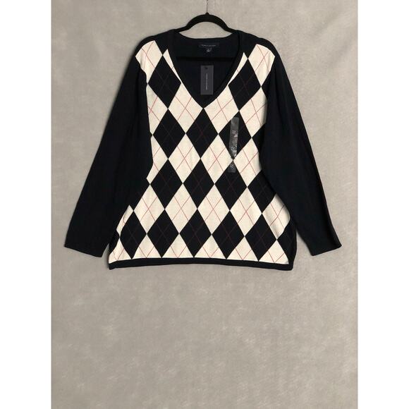 Tommy Hilfiger Women's 2X Ivy Argyle V-Neck Sweater Navy NEW - Picture 1 of 6